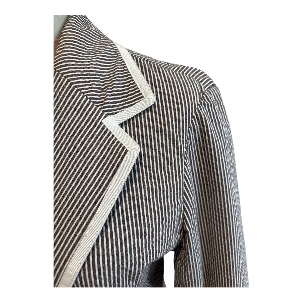 VTG LIZ CLAIBORNE SEERSUCKER PINSTRIPED BROWN & WHITE BLAZER W WHITE RIBBON TRIM - Picture 6 of 9